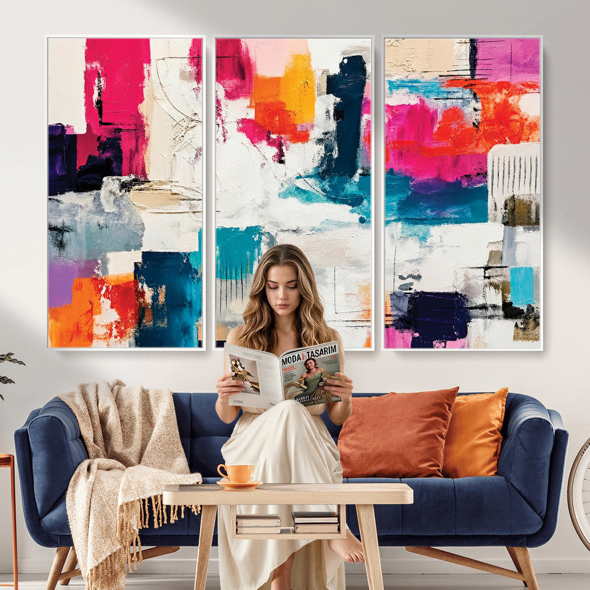 Blue Teal Abstract Canvas Wall Art, Modern Brushstroke Style Print, Navy Orange Contemporary Decor