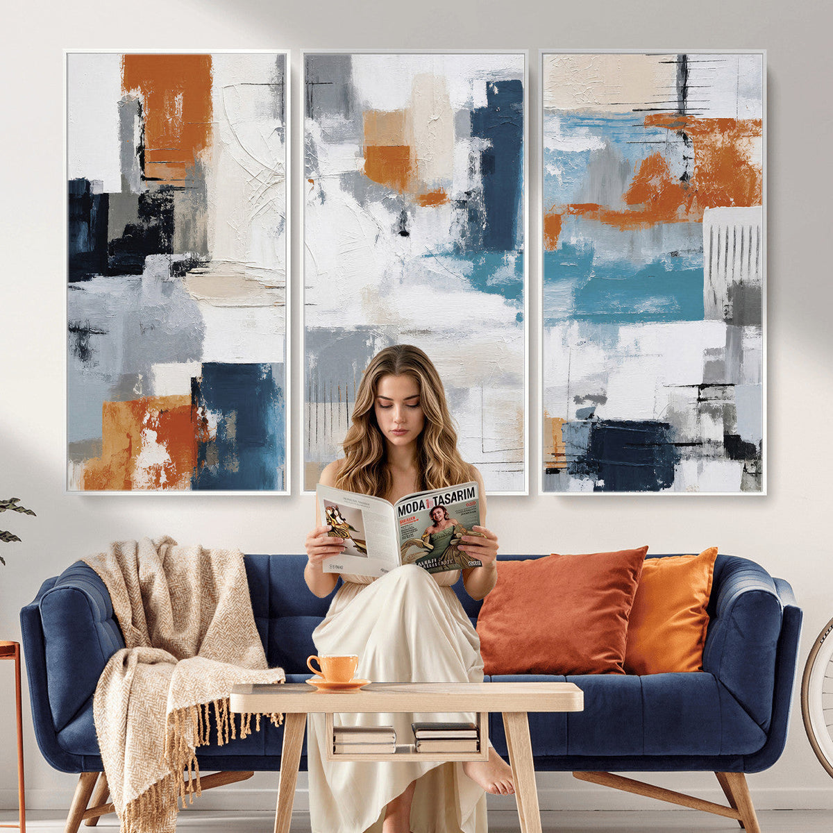 Blue Teal Abstract Canvas Wall Art, Modern Brushstroke Style Print, Navy Orange Contemporary Decor