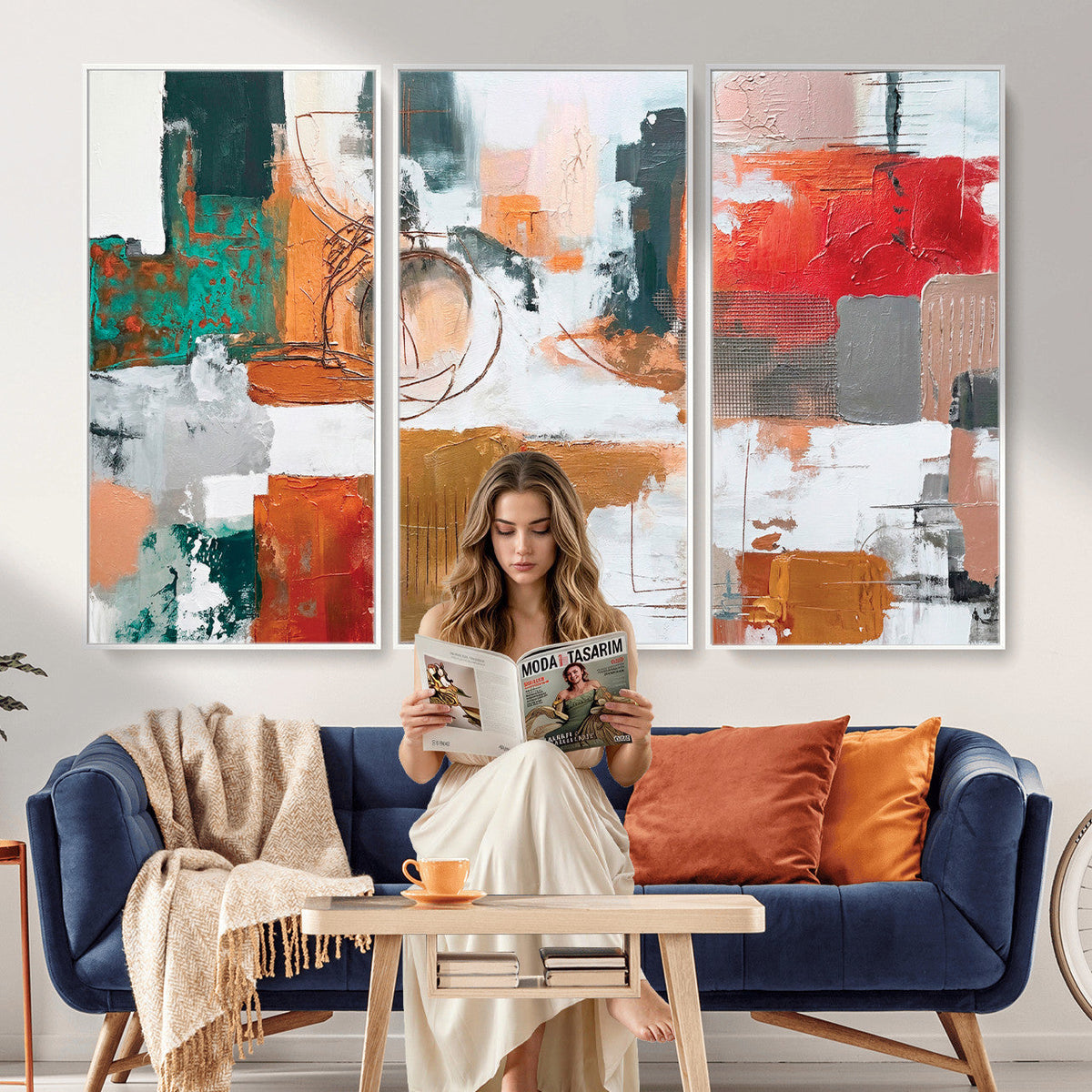 Blue Teal Abstract Canvas Wall Art, Modern Brushstroke Style Print, Navy Orange Contemporary Decor