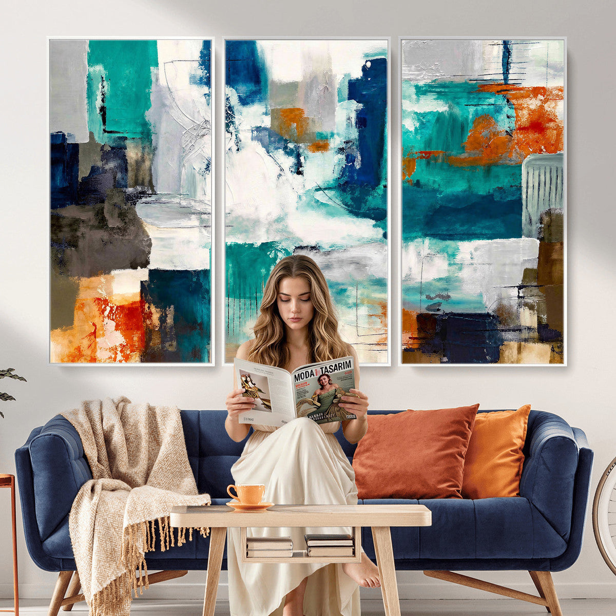 Blue Teal Abstract Canvas Wall Art, Modern Brushstroke Style Print, Navy Orange Contemporary Decor