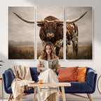Texas Longhorn Wall Art Canvas Print | Brown Horned Bull Rustic Western Decor
