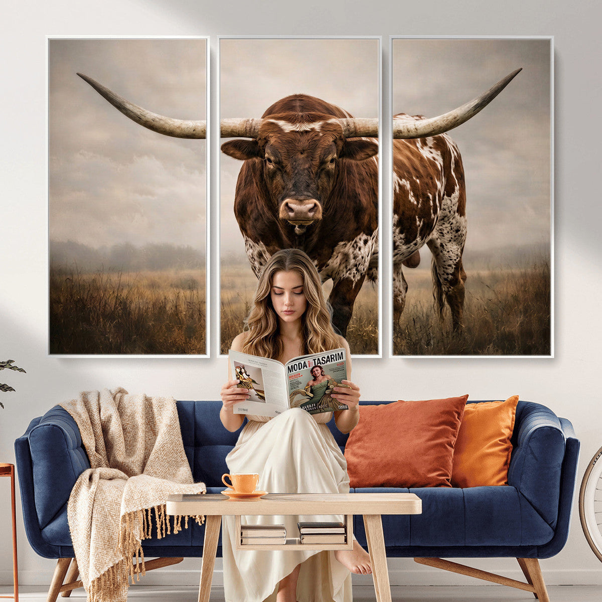 Texas Longhorn Wall Art Canvas Print | Brown Horned Bull Rustic Western Decor