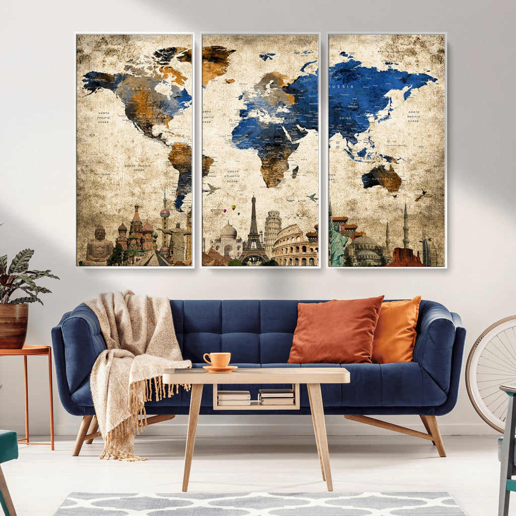 World Map Canvas Print | Vintage Blue and Gold World Map Wall Art
