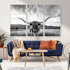 Longhorn Black and White Wall Art | Rustic Western Bull Canvas Print