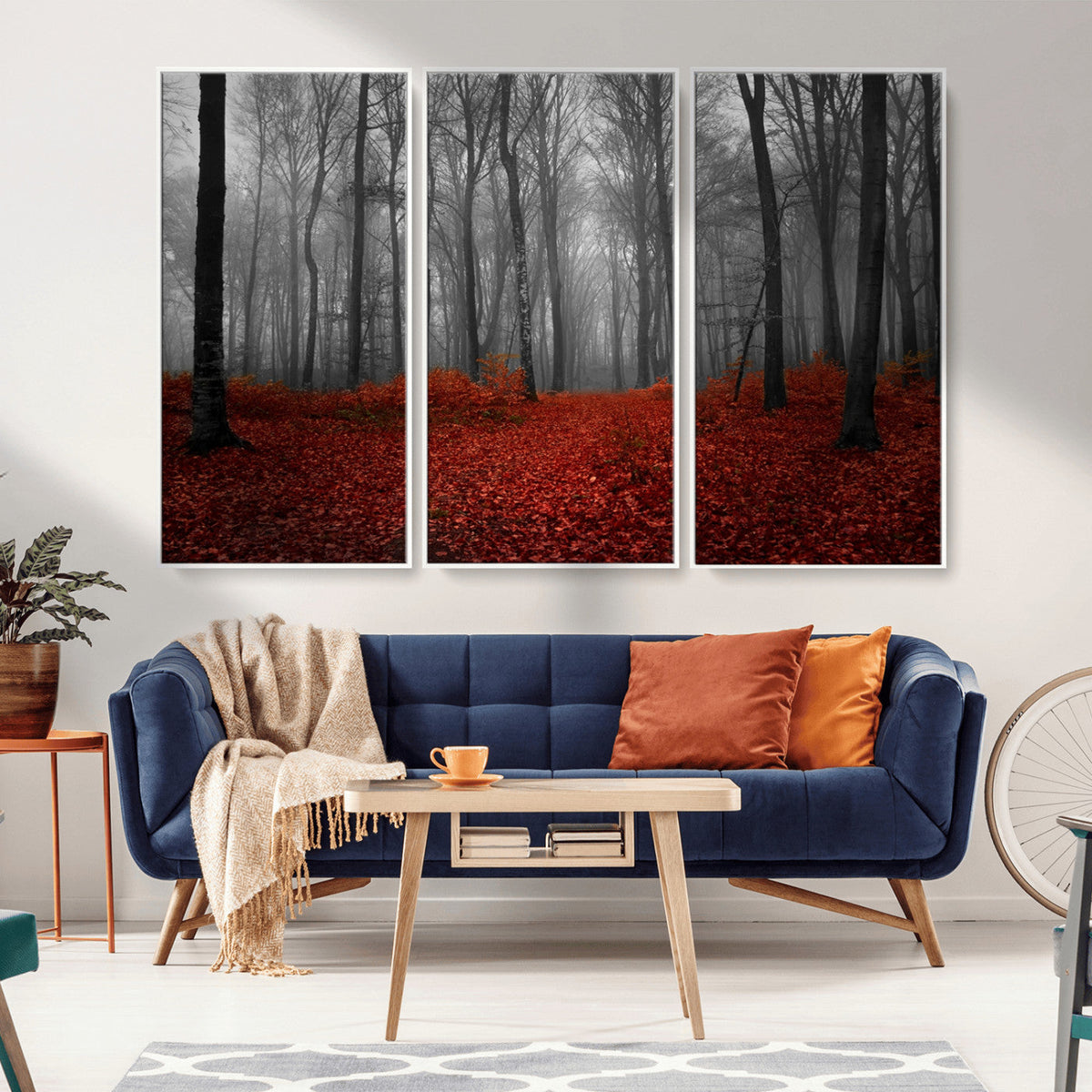 Red Forest Floor Canvas Wall Art | Mystical Foggy Woodland Triptych