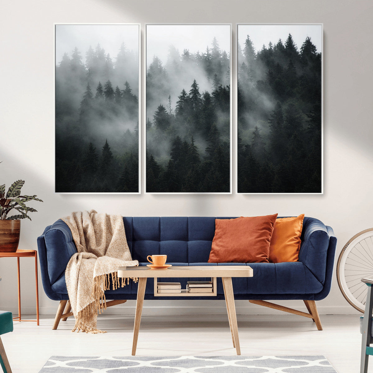 Foggy Forest Wall Art Canvas Print | 3 Panel Large Misty Landscape