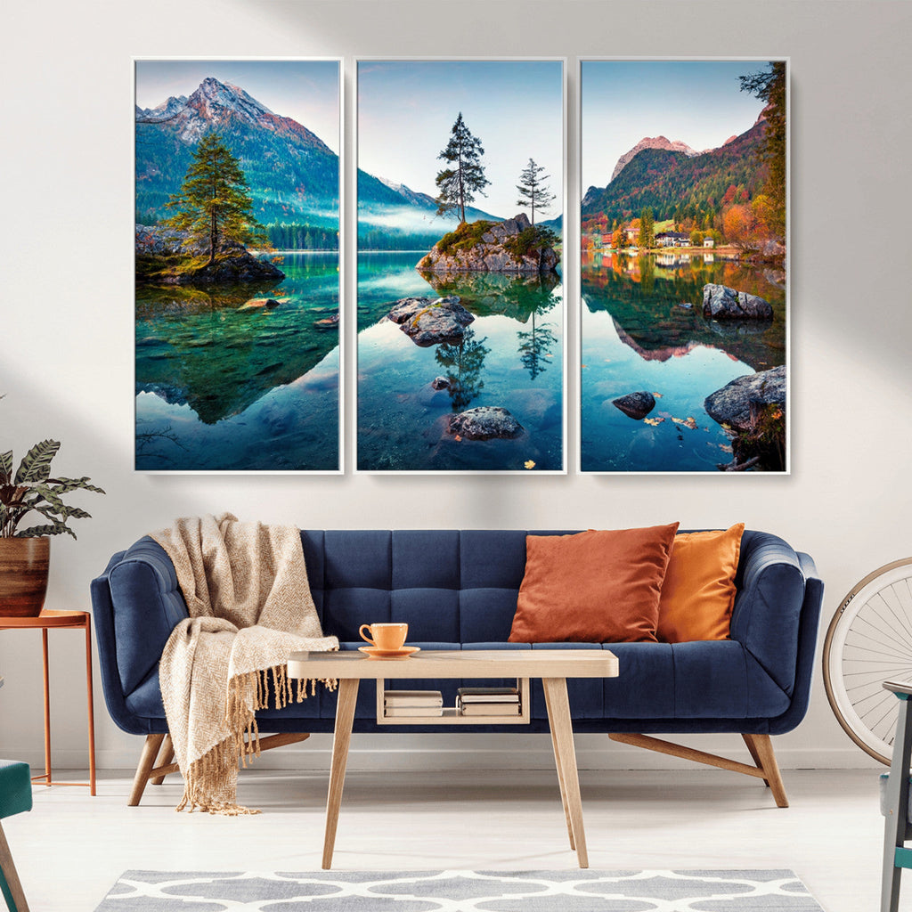 Crystal Clear Lake Wall Art | Mountains Wall Art Canvas | 3 Panel Landscape