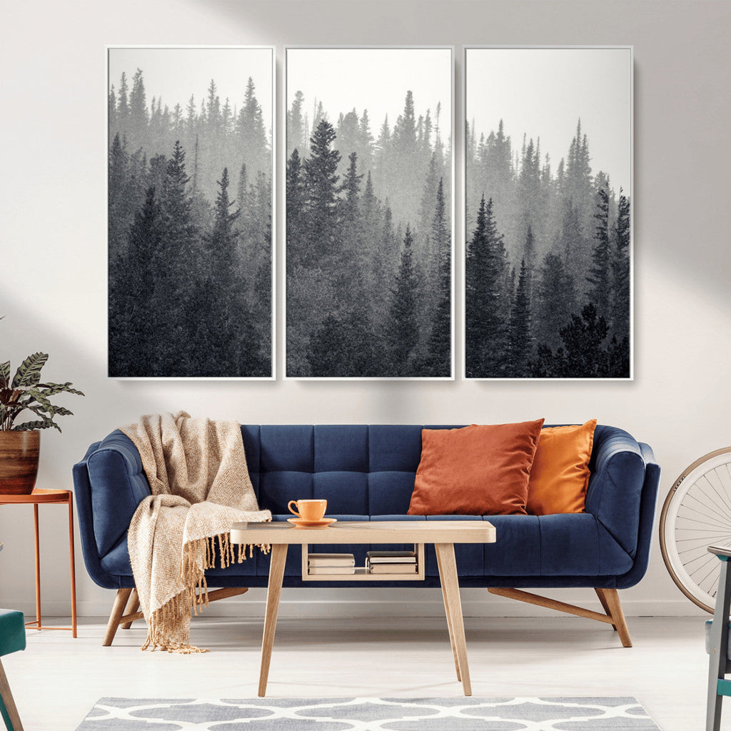 Misty Forest Canvas Wall Art | Monochrome Triptych Pine Tree Print