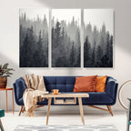 Misty Forest Canvas Wall Art | Monochrome Triptych Pine Tree Print