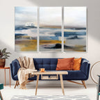 Abstract Landscape Wall Art Canvas | 3 Panel Modern Blue, Gold and White Canvas Art