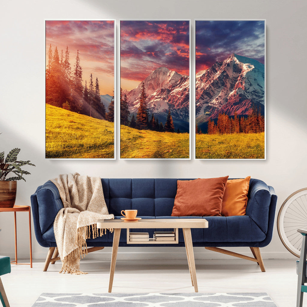 Mountain and Daylight Red Sunset Wall Art Canvas Print