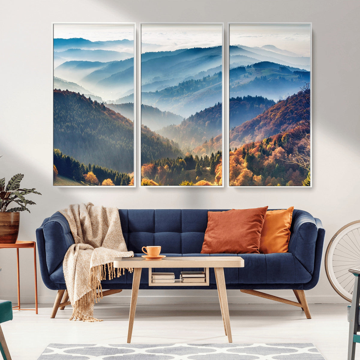 Misty Mountain Sunrise Triptych Canvas Print | Autumn Landscape Wall Art