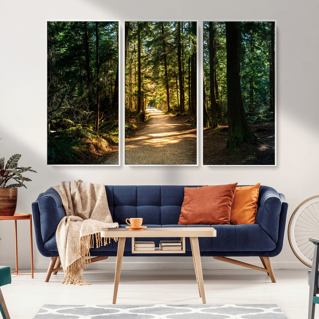 Sunlit Forest Pathway Canvas Print | 3 Panel Large Nature Wall Art