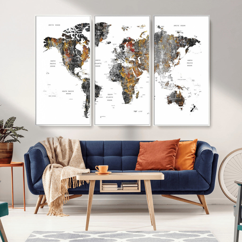 Modern Metallic World Map Canvas Wall Art | Framed Contemporary World Map Print