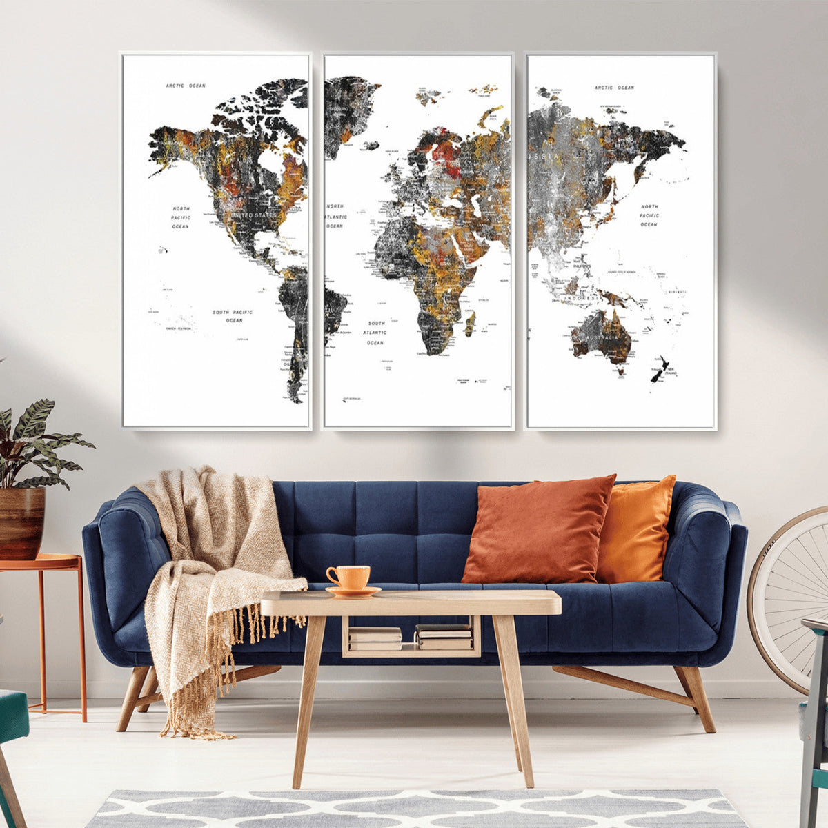 Modern Metallic World Map Canvas Wall Art | Framed Contemporary World Map Print