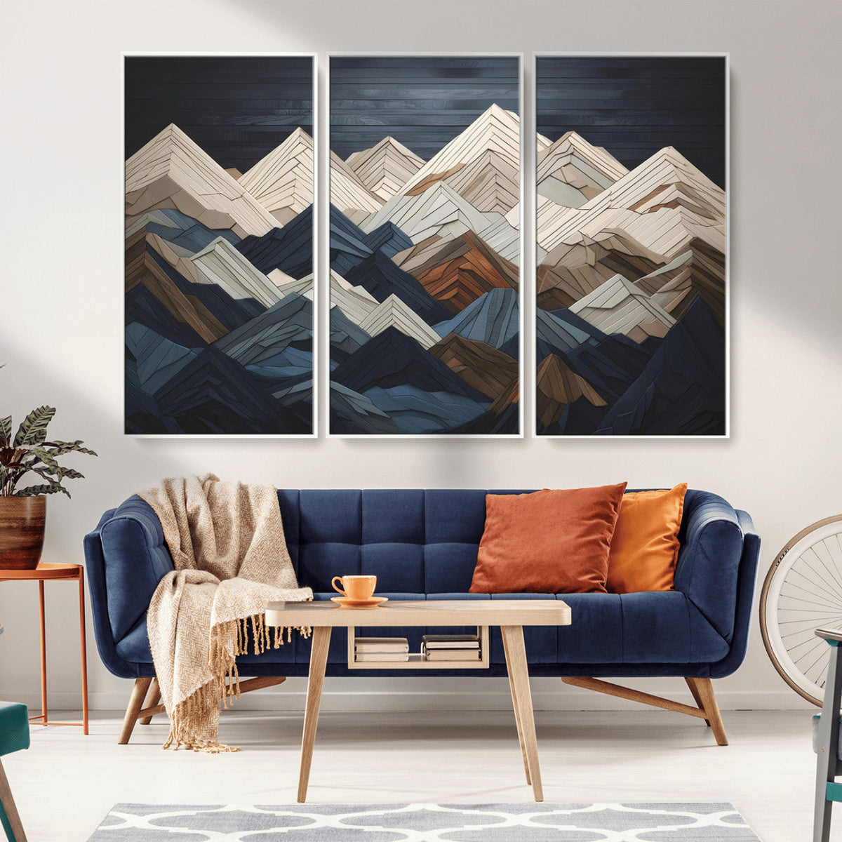 Rustic Mountain Landscape Wall Art Canvas Print, Framed 3D Wooden Effect Mountain Art