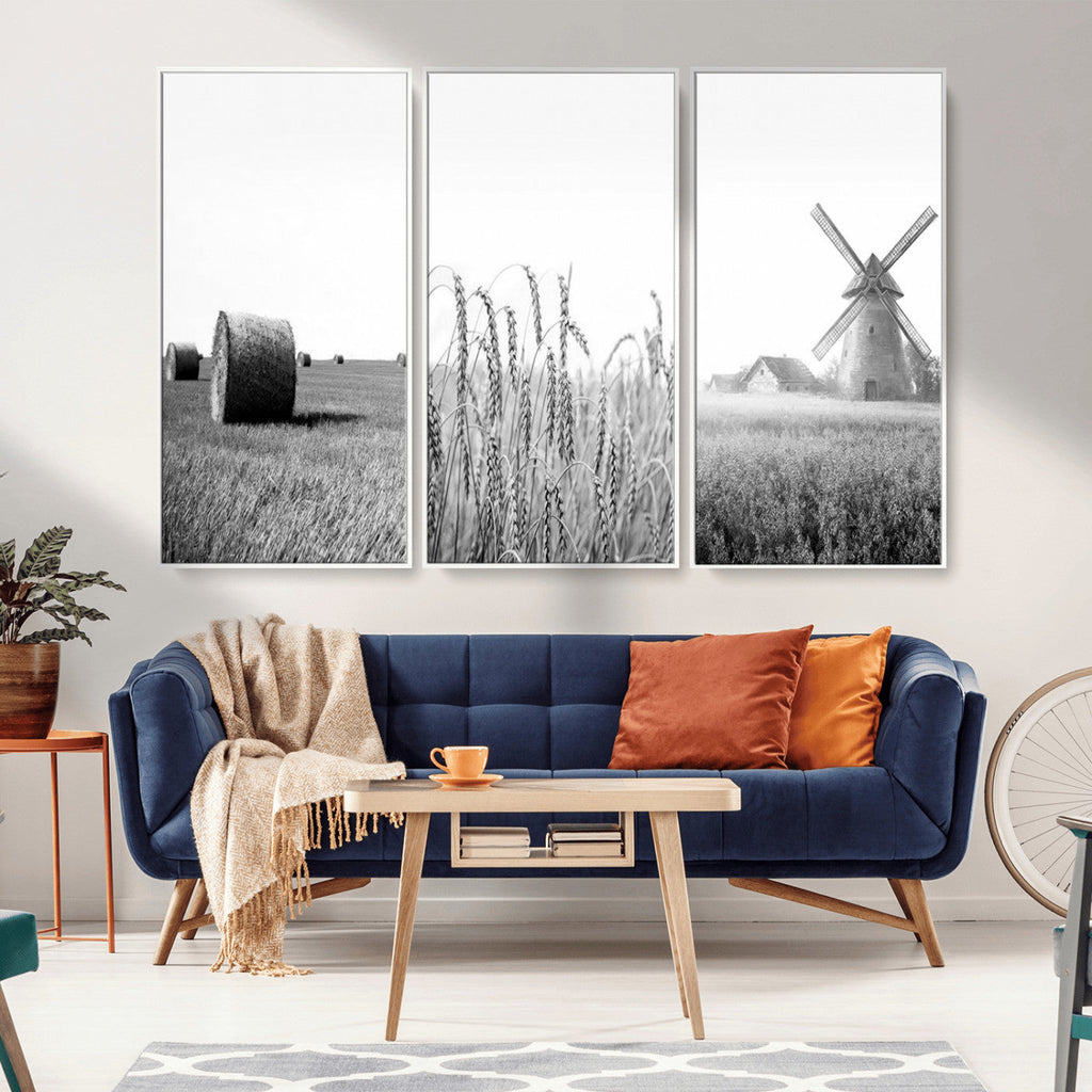 Vintage Farmhouse Black and White Triptych Wall Art, Giclee Canvas with Wheat Fields, Hay Bales and Windmill