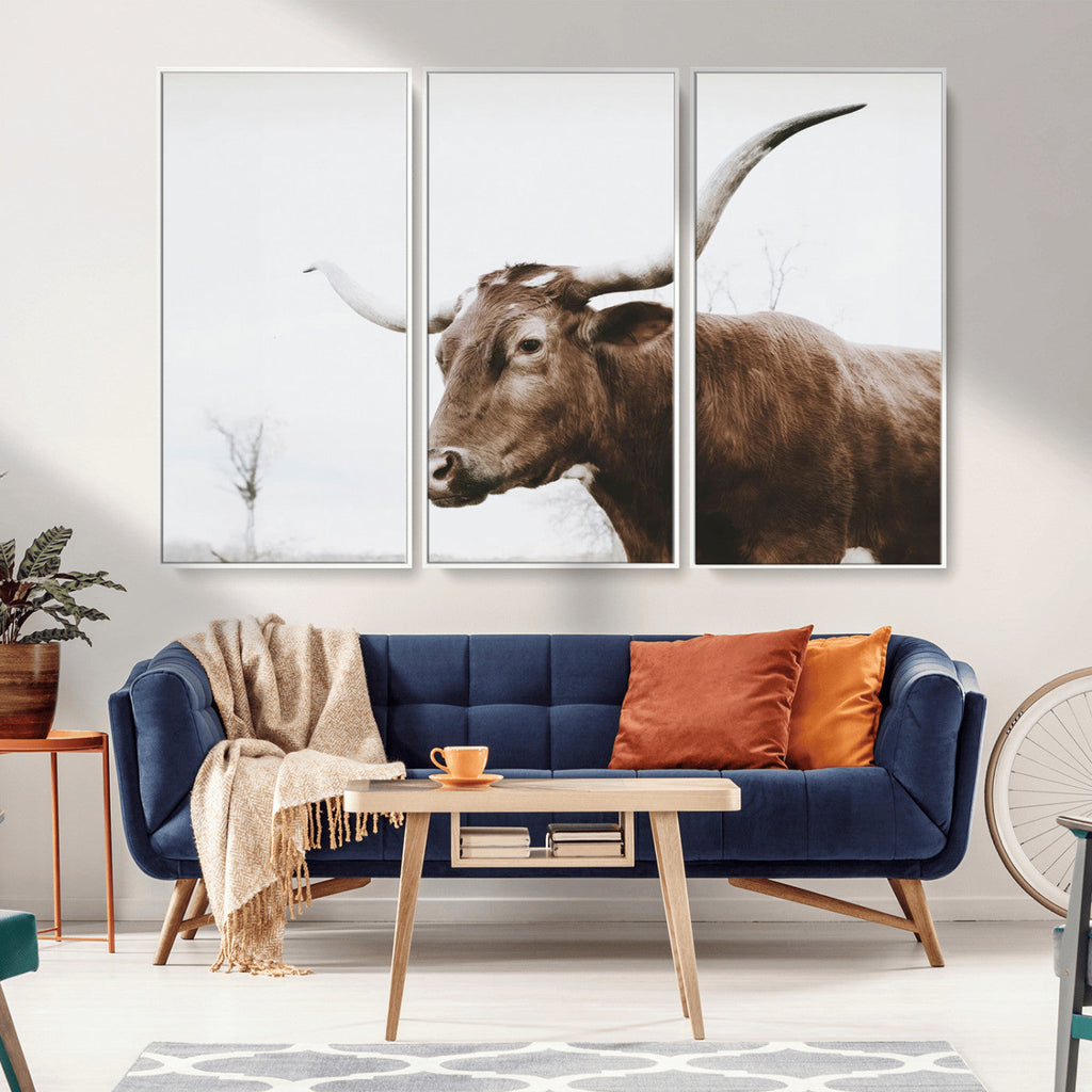 Rustic Bull Wall Art Canvas Print, Modern Longhorn Farmhouse Animal Decor