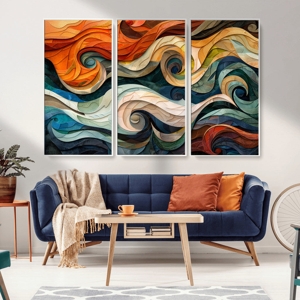 Abstract Wave Wall Art, Ready to Hang Framed Canvas Print | Extra Large 3 Piece Canvas Wall Art