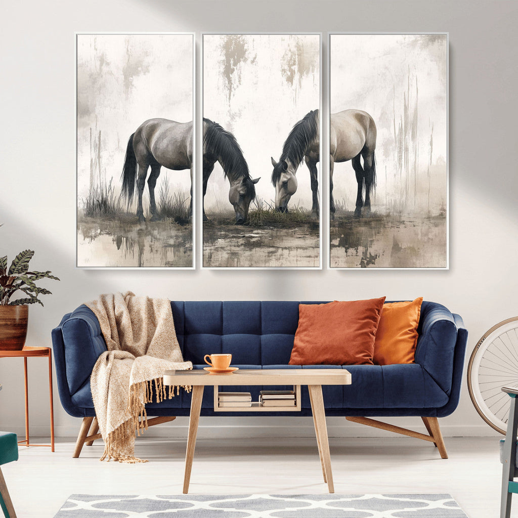Chinese Ink Style Vintage Horses Wall Art Canvas Print