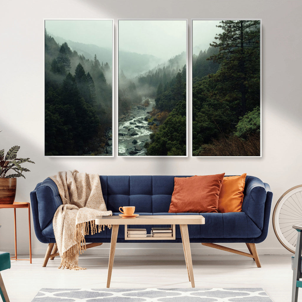 Misty Forest Wall Art, Tranquil Nature Landscape, Ready to Hang | Extra Large 3 Piece Canvas Wall Art
