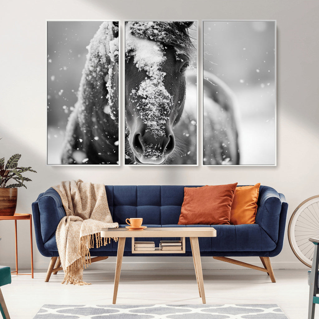 Black and White Horse Winter Wall Art, Ready to Hang