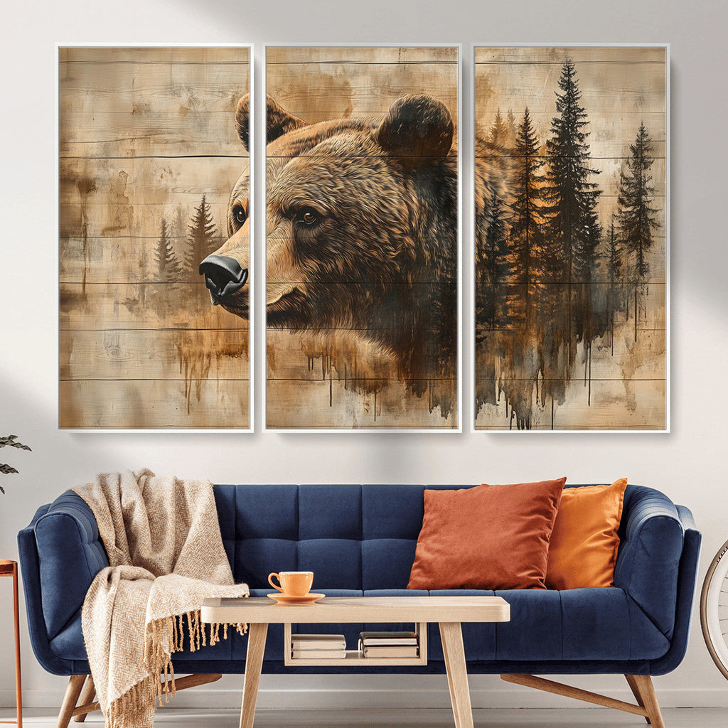 Rustic Grizzly Bear Wall Art, Abstract Grizzly 399 Bear Canvas Print, Woodland Wildlife