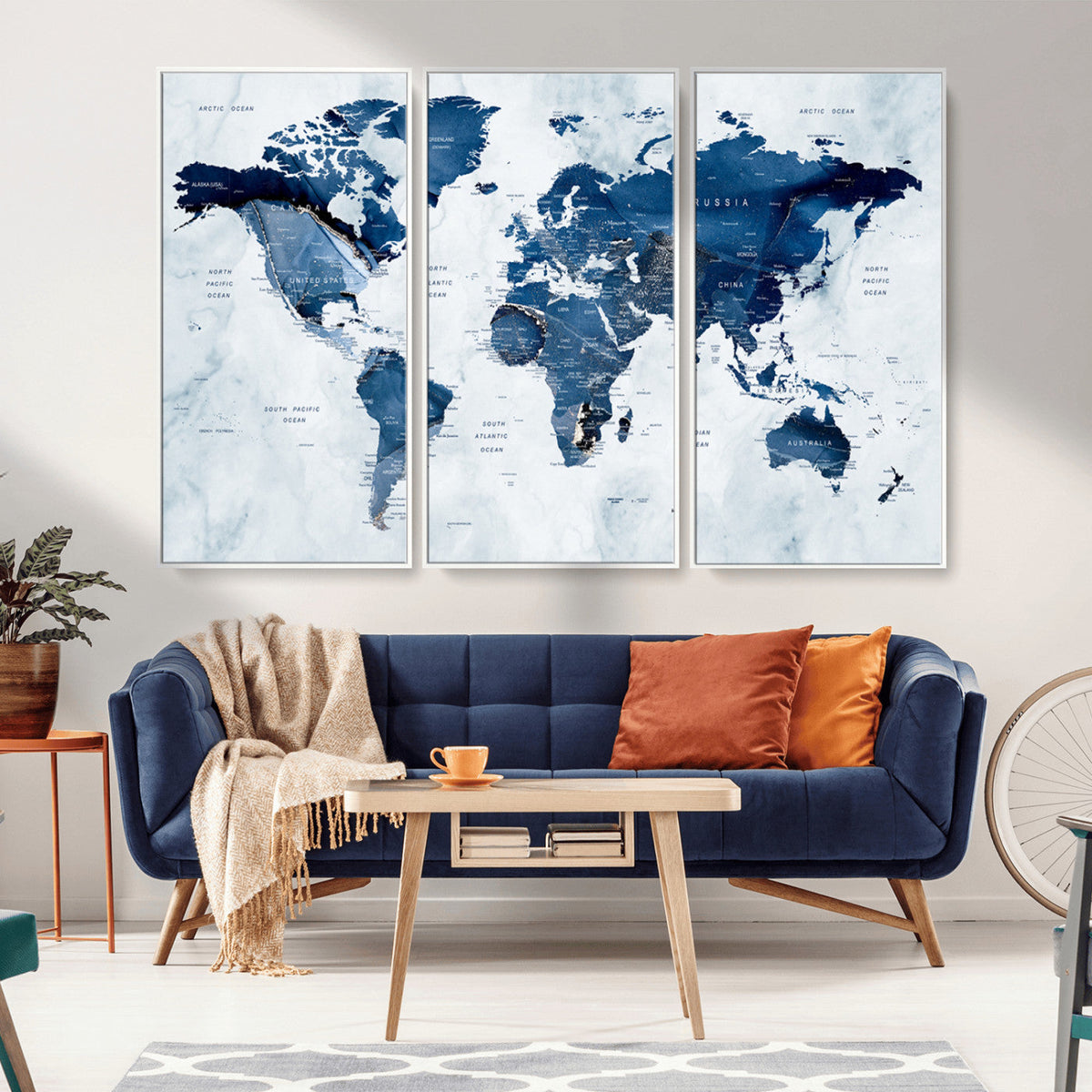 Modern Blue World Map Canvas Print | Elegant Travel Map Wall Art for Home Office