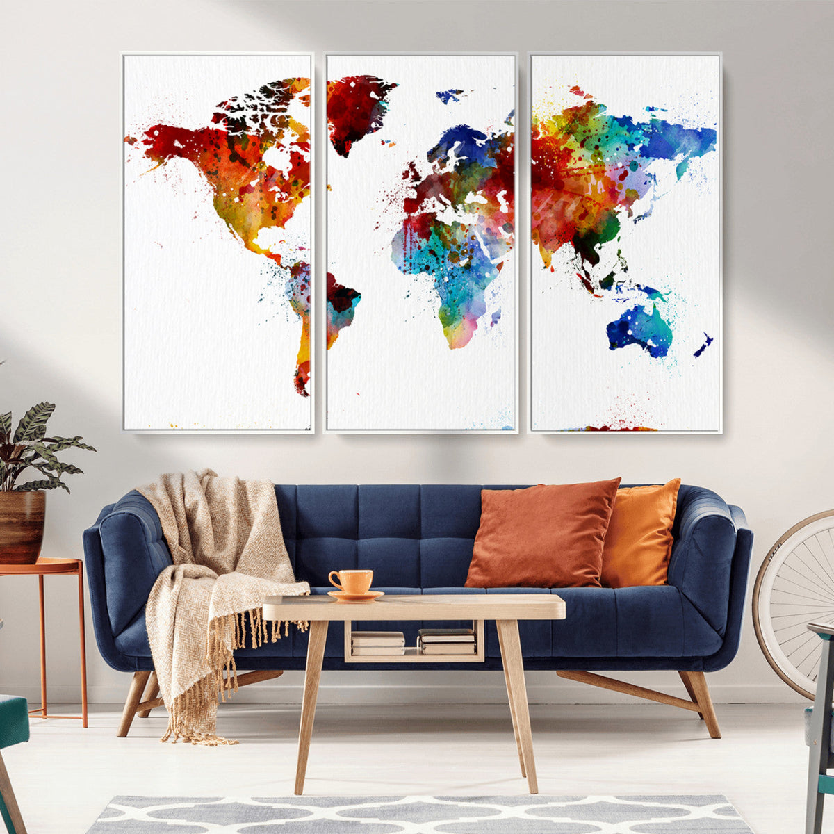 Colorful World Map Canvas Wall Art Print, Contemporary Global Map Artwork