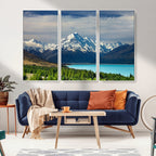 Mount Cook and Lake Pukaki Canvas Wall Art Print | Majestic Snow Capped Peaks