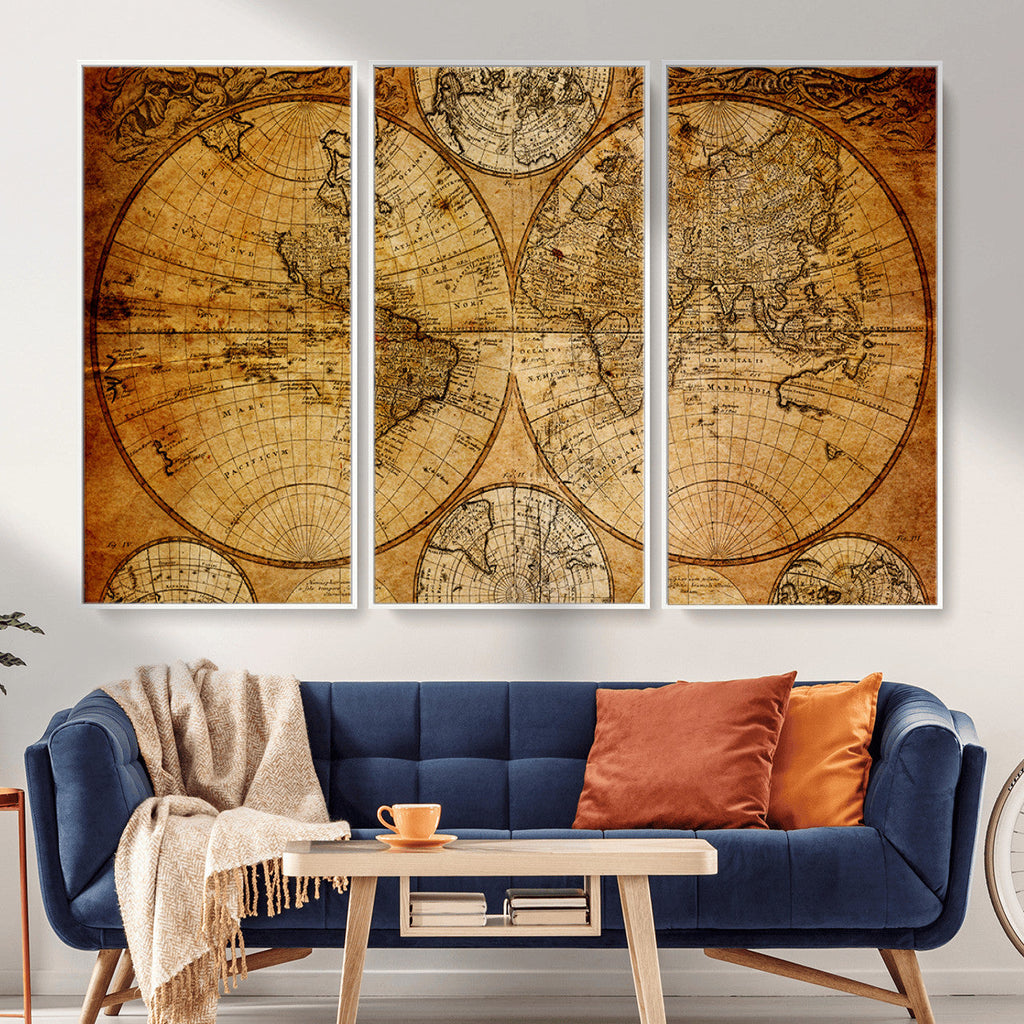 Vintage World Map Canvas Print | Antique Push Pin Travel Map