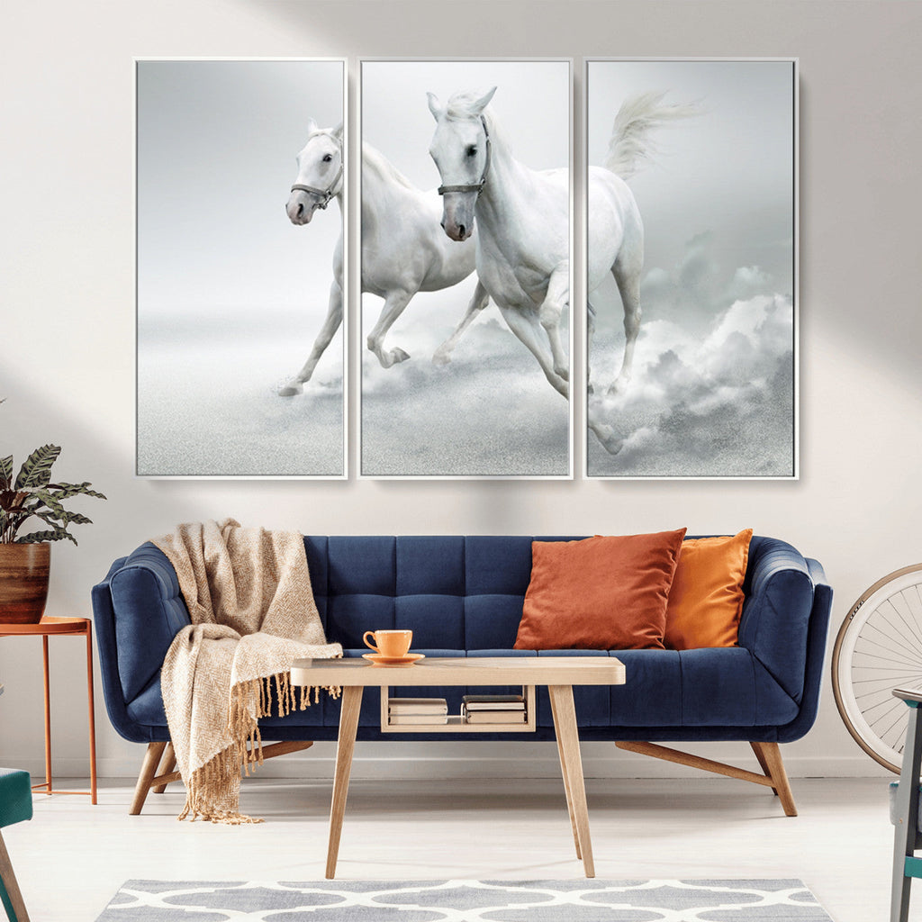 Large Wall Art Canvas Print, Beautiful Running White Horses