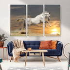 Large Wall Art Canvas Print, White Jumping Horse at Sunset