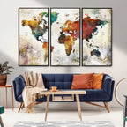 Watercolor World Map Canvas Print | Framed Travel Map Wall Art for Couples