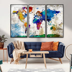 Navy Blue and Orange Watercolor World Map Canvas Print | Framed Travel Map