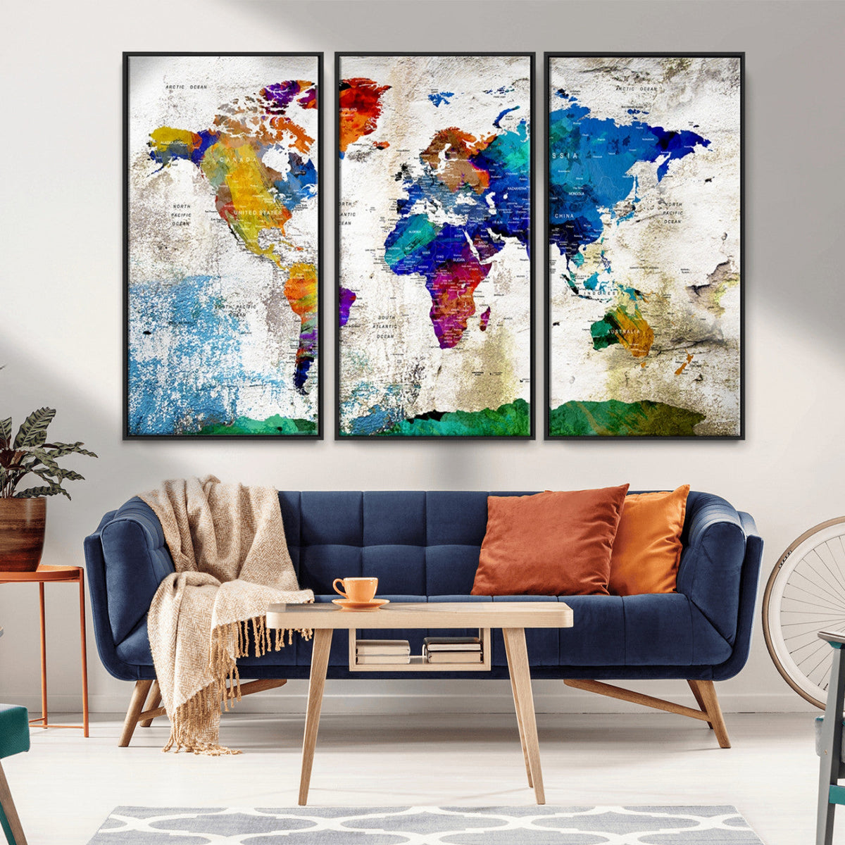 Navy Blue and Orange Watercolor World Map Canvas Print | Framed Travel Map