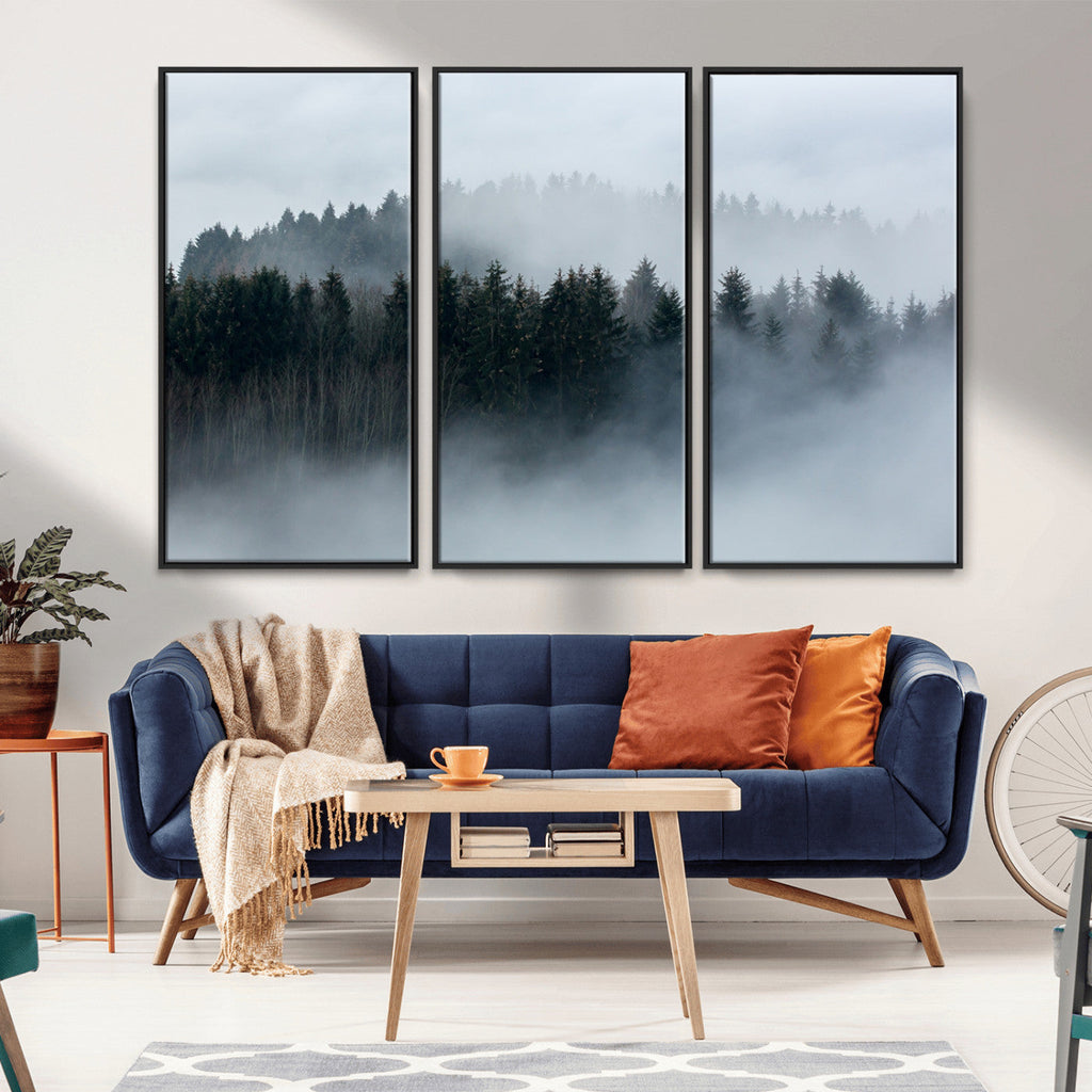 Autumn and Misty Trees in the Forest Wall Art Canvas Print, Foggy Forest Mountain Wall Art