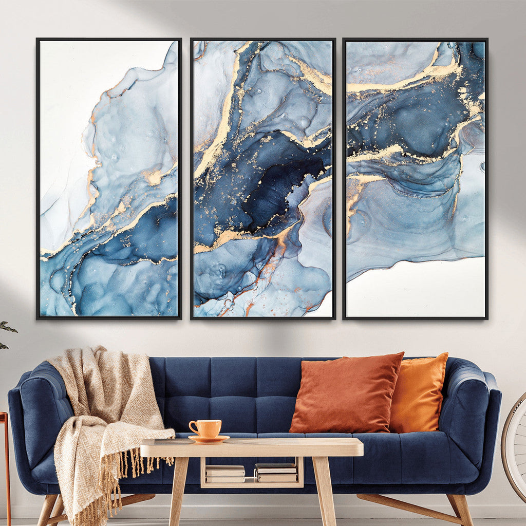 Blue Abstract Canvas Wall Art Print | Fluid Marble Effect Abstract Art