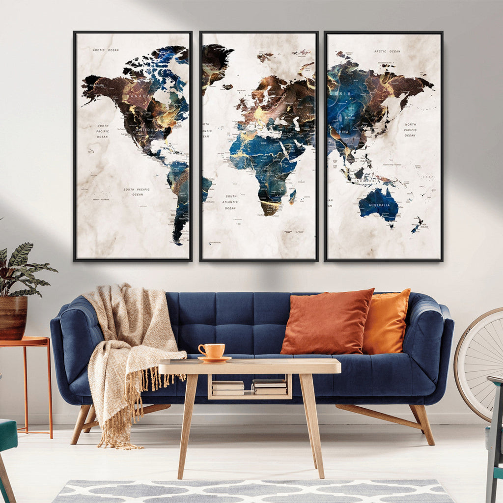 Abstract Earth Tone Blue World Map Canvas Print | Framed Travel Map Wall Art