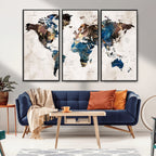 Abstract Earth Tone Blue World Map Canvas Print | Framed Travel Map Wall Art