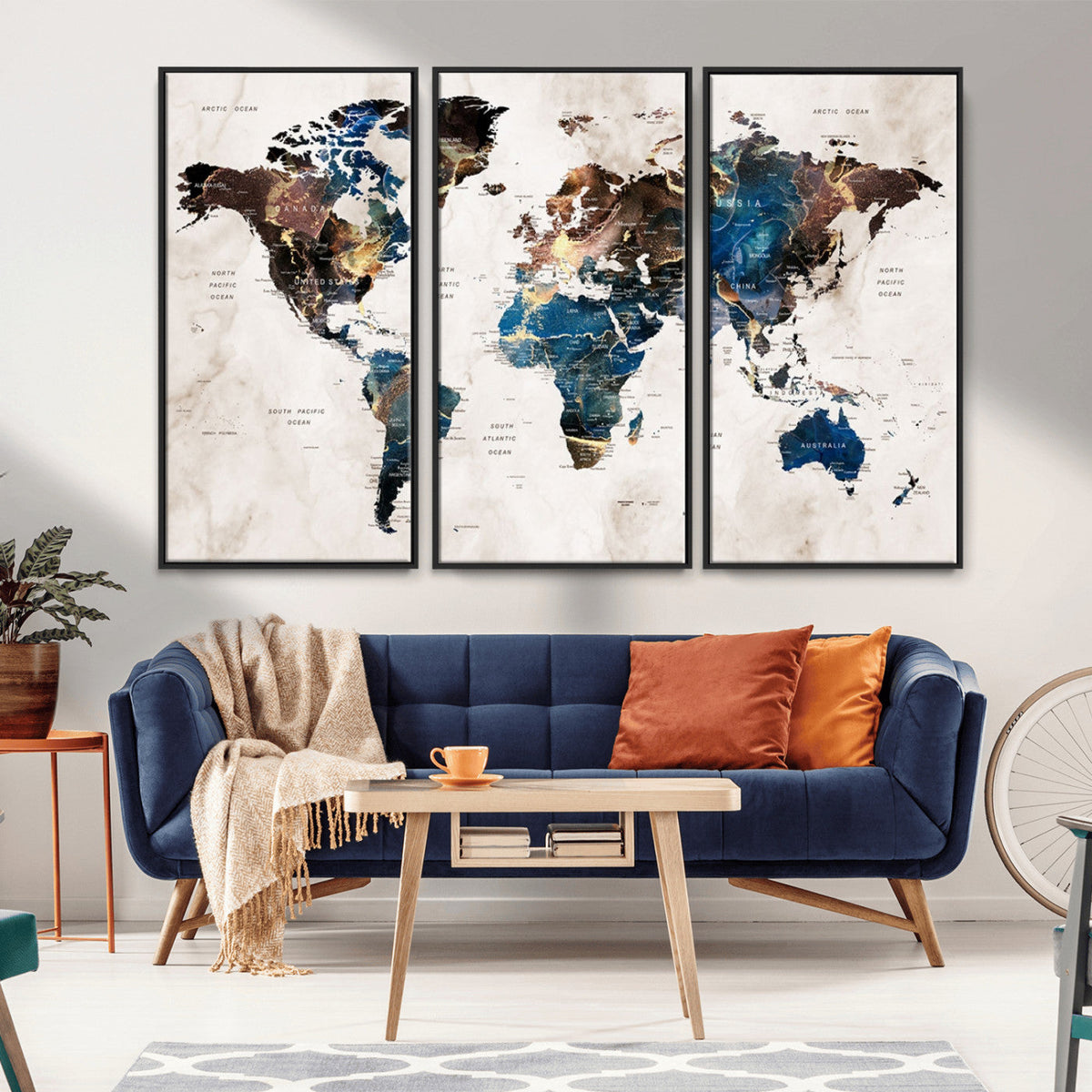 Abstract Earth Tone Blue World Map Canvas Print | Framed Travel Map Wall Art