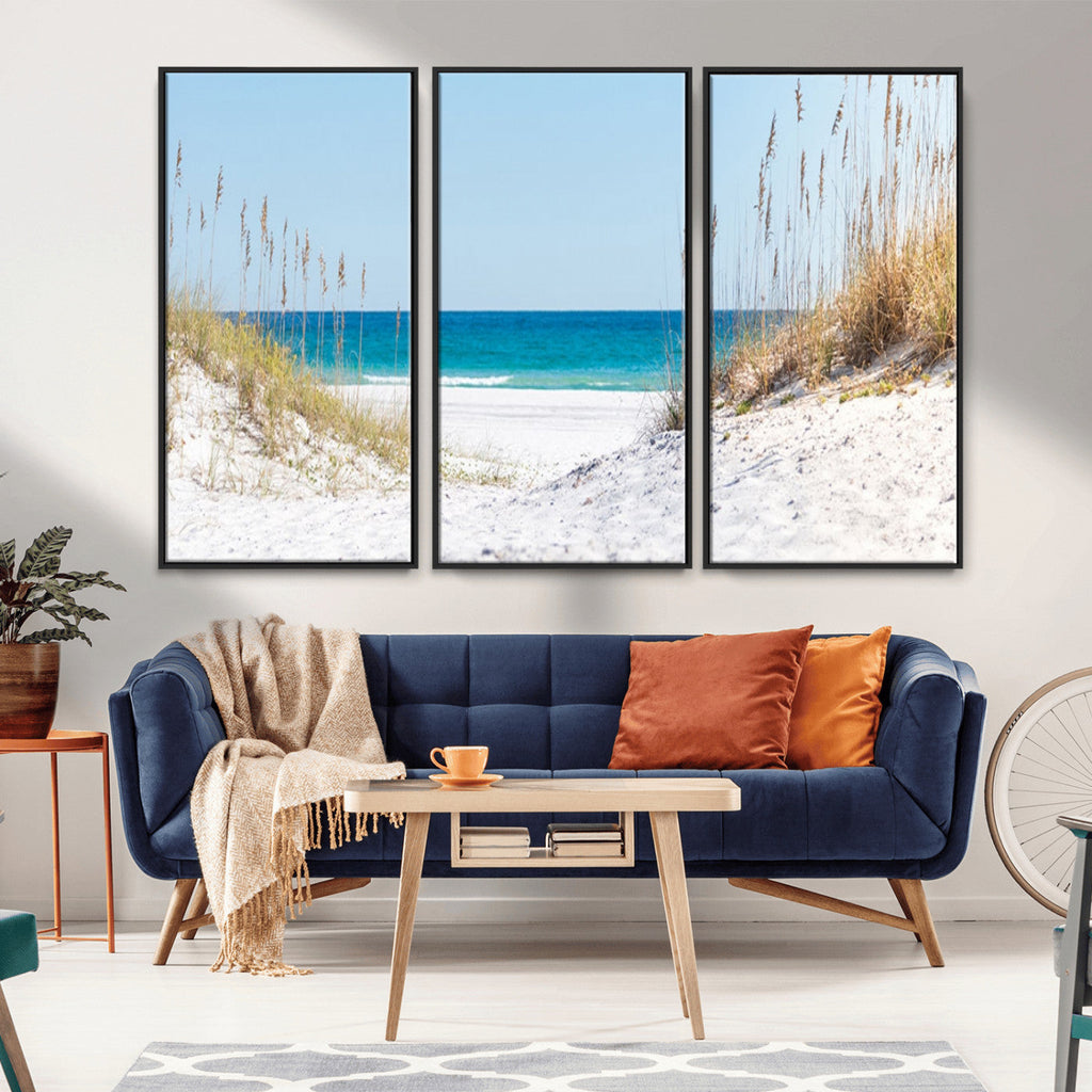Serene Coastal Dune Path with Ocean View, 3-Panel Beach Canvas Wall Art