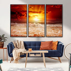 Red Sunset Ocean Beach Canvas Wall Art, Coastal Sunset Print