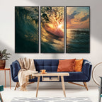 Ocean Wave Sunset Canvas Wall Art | Triptych Seascape Print