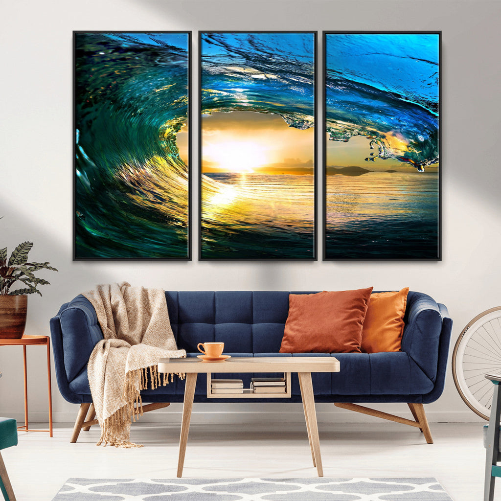 Ocean Wave at Sunset Canvas Art, Large Wall Print of Vibrant Surfing Wave