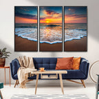 Sunset Beach Canvas Wall Art | Colorful Ocean Waves Triptych