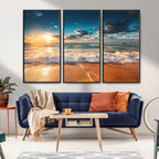 Golden Sunset Beach Triptych Canvas Art, Giclee Coastal Wall Decor, Ocean Waves Print