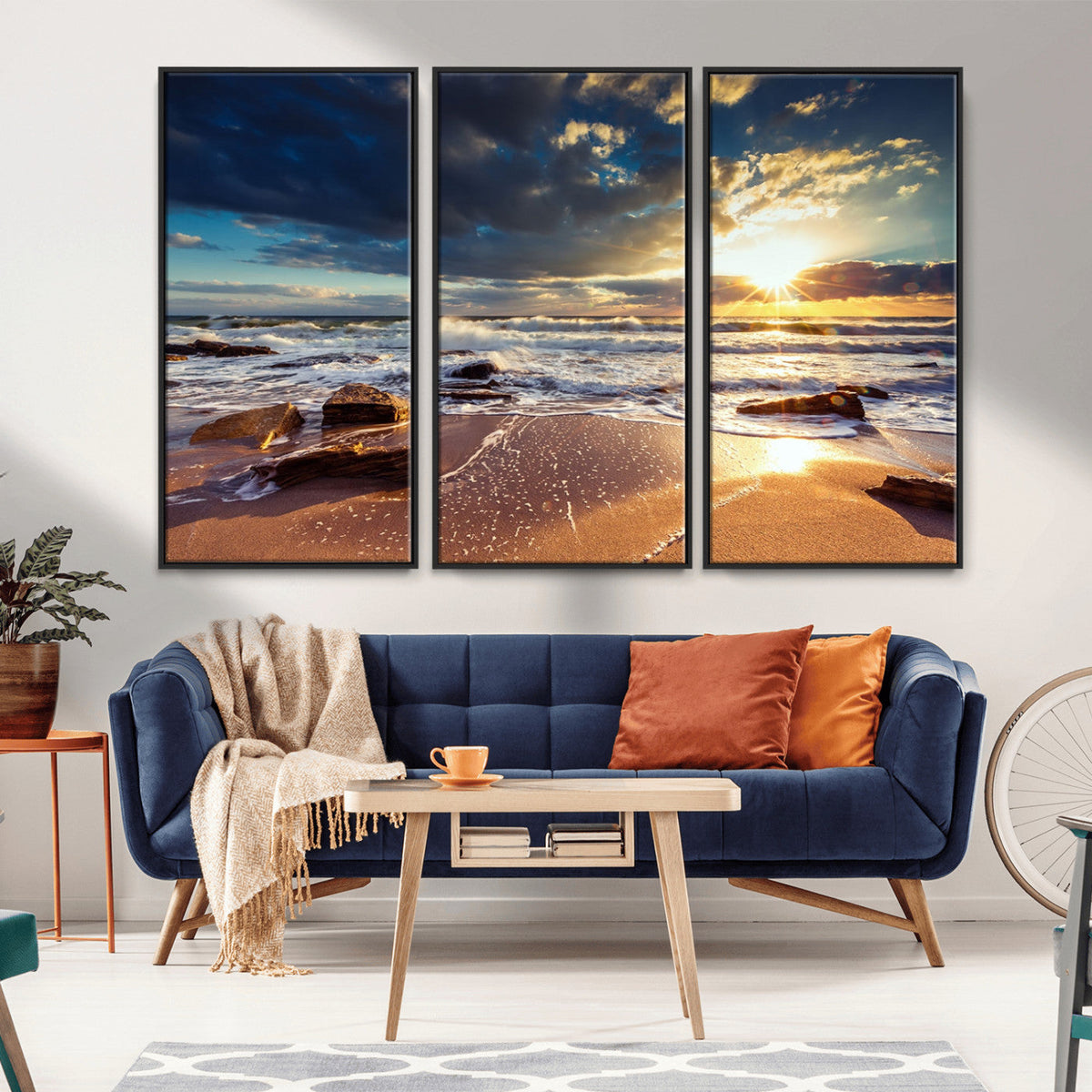 Golden Hour Beach Sunset Canvas Triptych, Ocean Waves and Rocks Wall Art