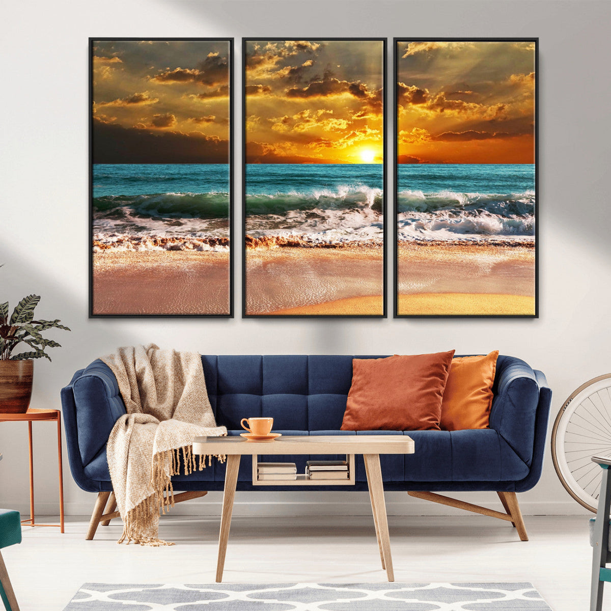 Golden Sunset Beach Canvas Wall Art | Triptych Seascape Print, Framed and Ready to Hang
