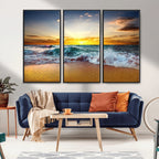 Golden Sunset Ocean Waves Wall Art Canvas Print | Multi Panel Beach Canvas Set, Coastal Triptych
